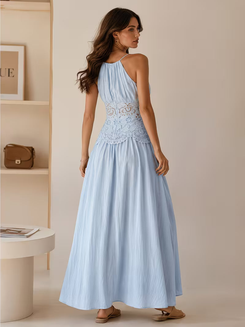 Women Halter Neck Embroidery Tie-Waist Long Dress, Vacation Essential