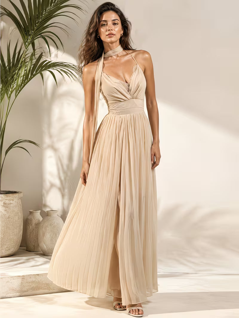 Women's Halter V-neck Sleeveless Maxi Dress High Waist Split Flowy Long Dress for Vacation Weekend Casual Daily Wear