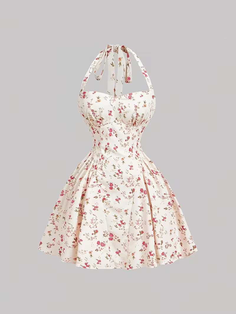French Country Style Small Floral Halter Camisole Dress Women'S Waist-Cinching Flared A-Line Short Skirt Vacation Outing Sweet Dress Gentle Style White Base Pink Floral Halter Short Skirt Bandeau Ruched High-Waist Dress