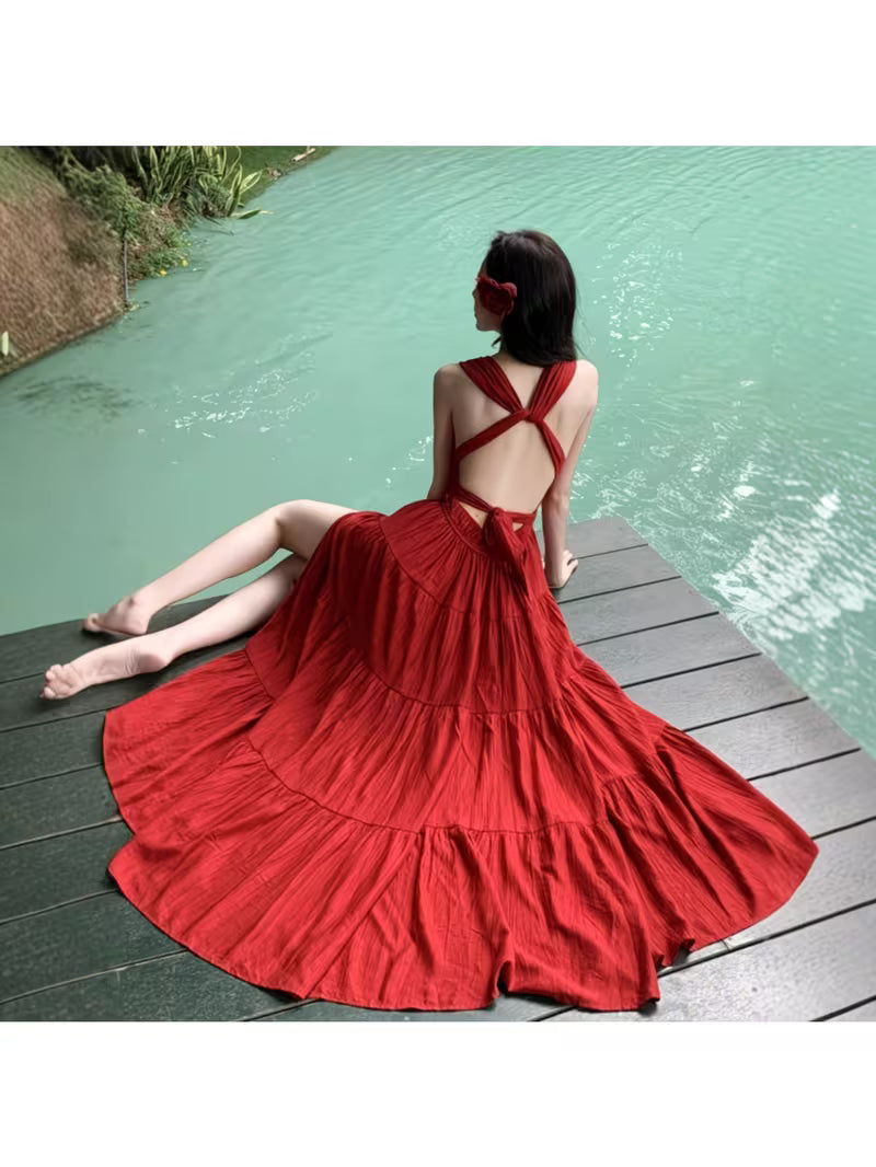 Women's Red Sleeveless Maxi Dress with Elastic Waist & Tiered A-Line Hem - Boho Bohemian Sundress Suitable for Beach Weddings, Vacations, Parties, Daily Wear, Machine Washable Long Dress