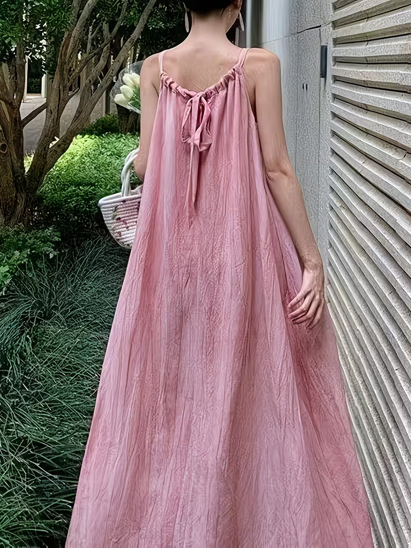 Women's Ombre Sleeveless Camisole Maxi Dress - Loose Beach Dress with Spaghetti Strap, Solid Pink Suitable for Summer Vacations, Seaside Weddings & Poolside Outfits, Machine Washable Long Dress