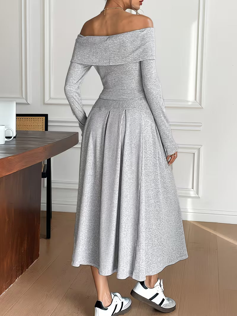Women's Spring/Autumn Fashion Elegant 2pcs Set, Casual Solid Color Off-Shoulder Top and Skirt Set