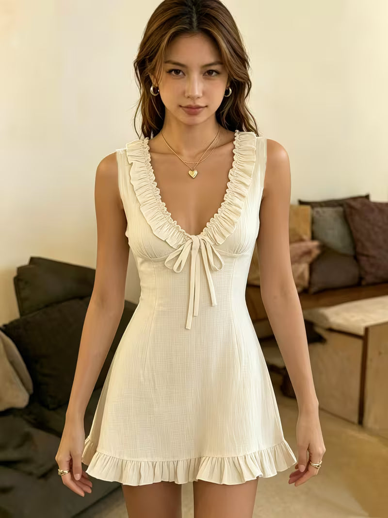 Gentle Lotus Leaf Trim Waist A-Line Skirt Sleeveless V-Neck Tie Mini Dress