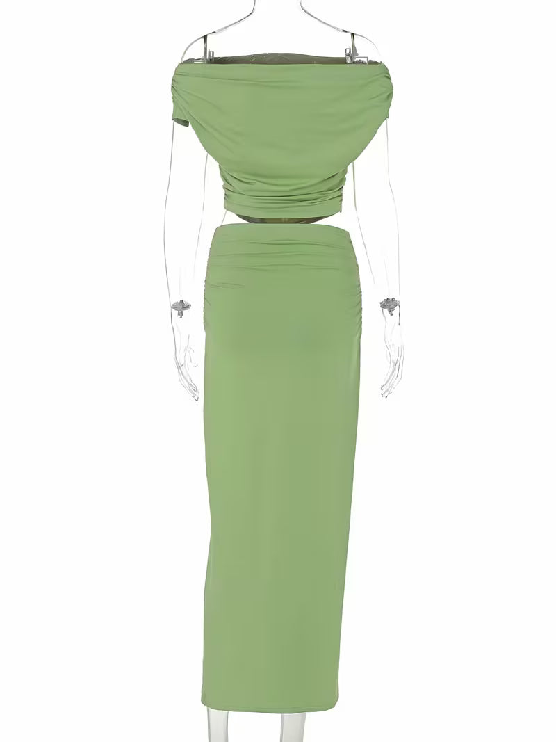 New Summer Women's Fashion Set: Solid Color Sexy Off-Shoulder Pullover 2pcs Set with Elegant Asymmetrical Neckline Top and Designer Slim-Fit Long Skirt