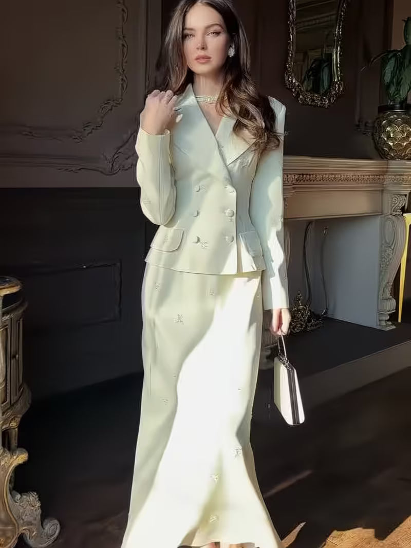 Women's Floral Blazer and Long Skirt Suit Set Elegant Long Sleeve 2pcs Outfit for Spring Workwear and Occasion Wear