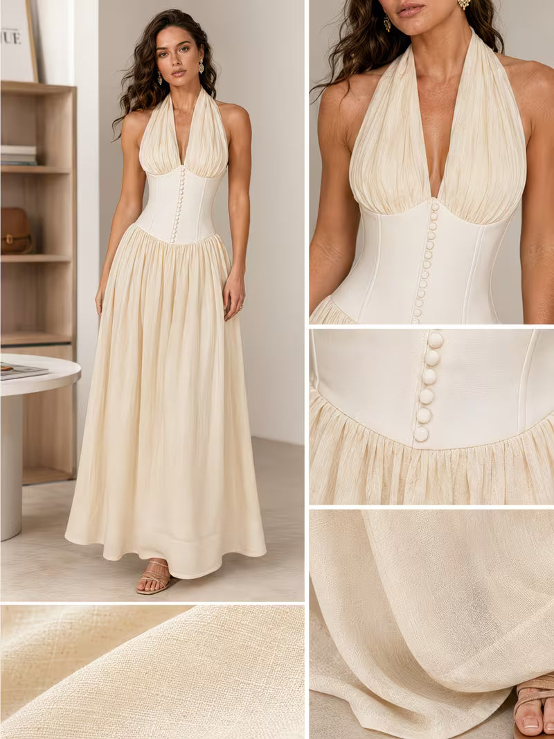 Women's  Halter Sleeveless High Waist Maxi Dress with Mesh Splicing & Wrinkle-Friendly Fabric - Elegant Collarbone Dress