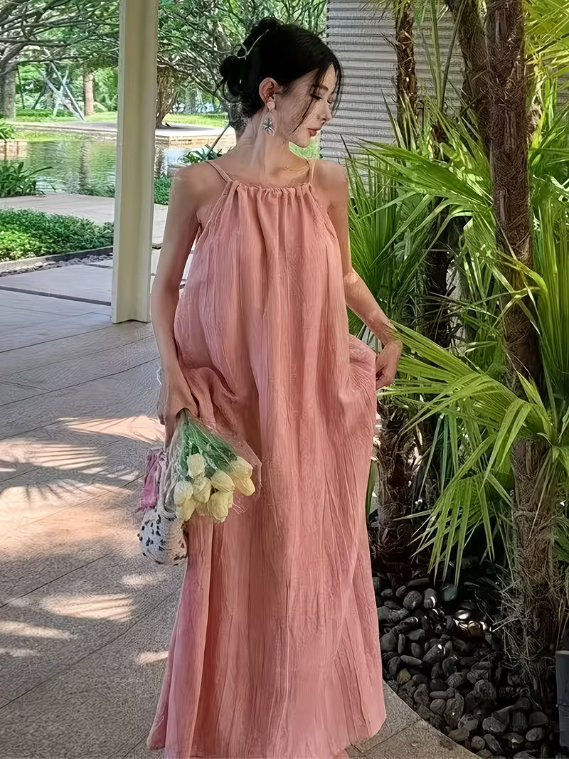 Women's Ombre Sleeveless Camisole Maxi Dress - Loose Beach Dress with Spaghetti Strap, Solid Pink Suitable for Summer Vacations, Seaside Weddings & Poolside Outfits, Machine Washable Long Dress