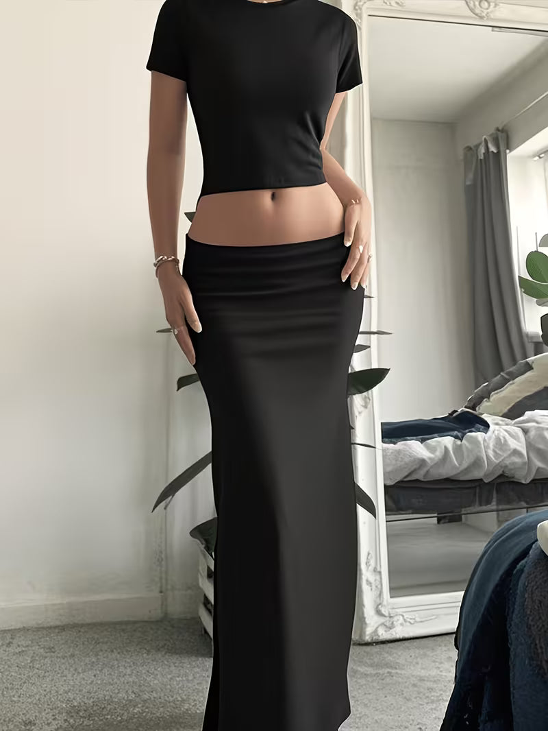 European And American Minimalist Black Suit, Short Cropped Short-Sleeved Top + High-Waisted Slim-Fitting Hip-Wrap Long Skirt