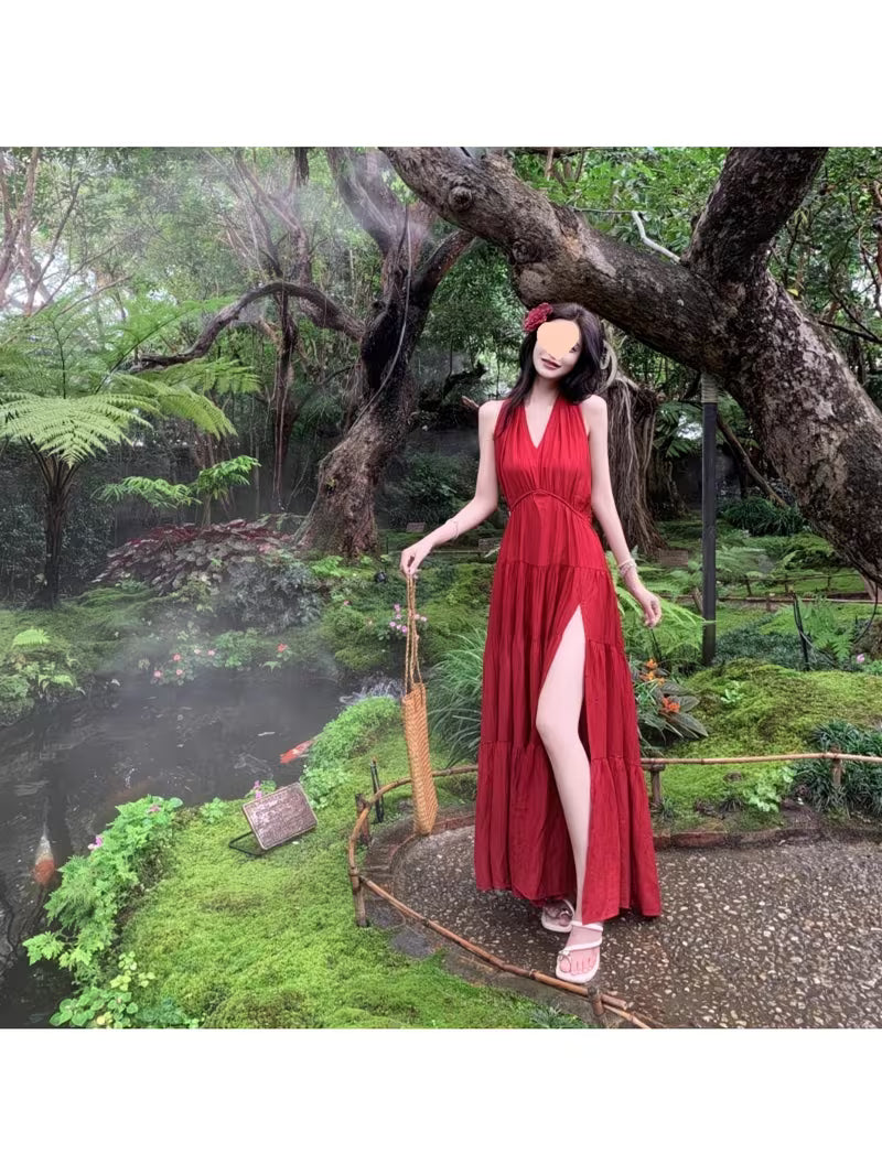 Women's Red Sleeveless Maxi Dress with Elastic Waist & Tiered A-Line Hem - Boho Bohemian Sundress Suitable for Beach Weddings, Vacations, Parties, Daily Wear, Machine Washable Long Dress