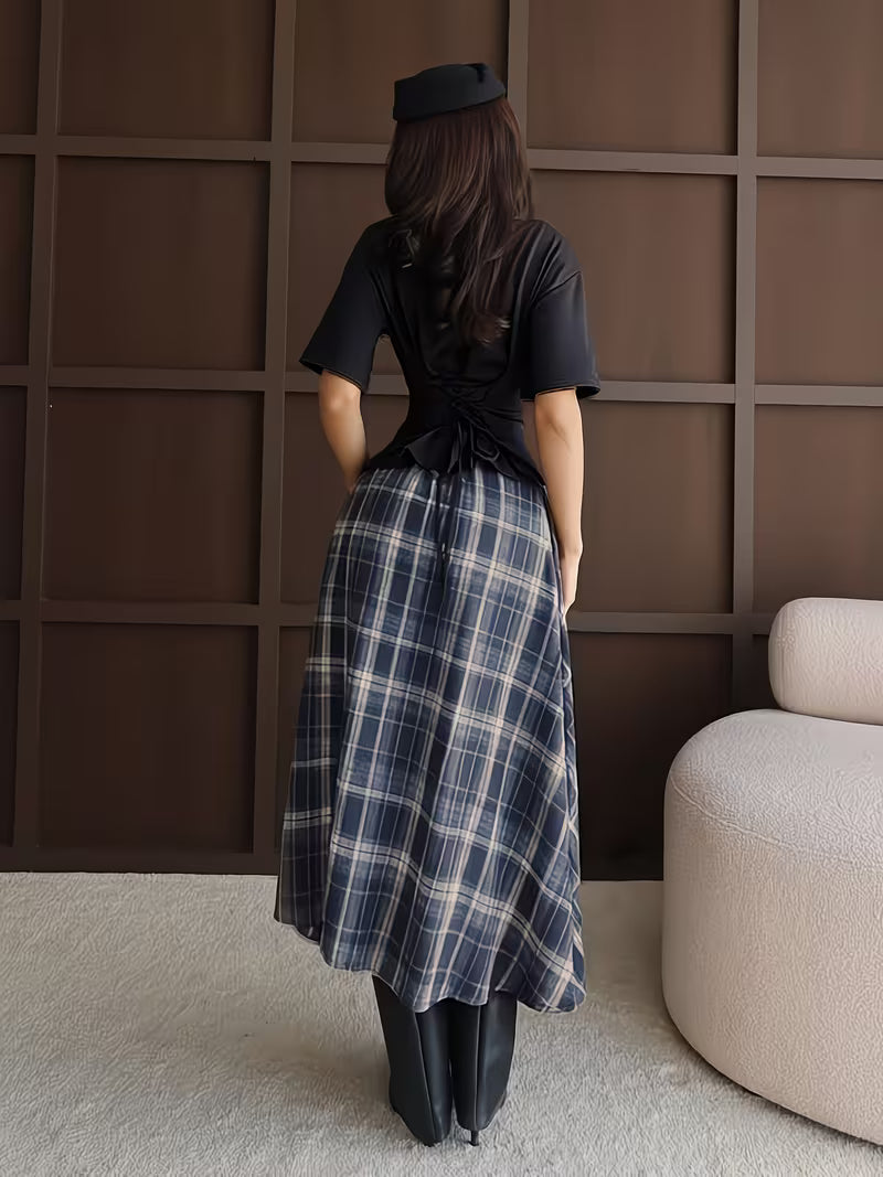 Women'S Two-Piece Set, Summer, Back Drawstring, Slim-Fit T-Shirt, Plaid Double-Layer Irregular Skirt Set, Women'S Elegant Two-Piece Set