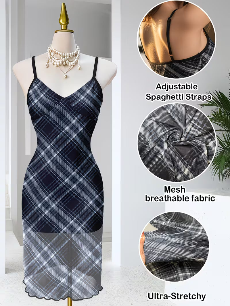 Women's Plaid Mesh Dress – V-Neck Italian-Style Spaghetti Strap Bodycon Dress, Stretchy Material and Machine Washable