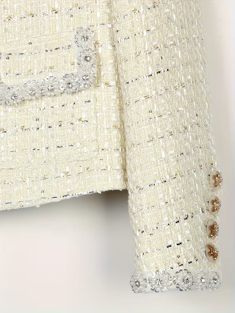 Fashionable Socialite with Light Luxury Temperament, Sparkling Diamond Studded Coarse Tweed Sequins, Small Fragrant Style Jacket And Hip-Hugging Skirt Set
