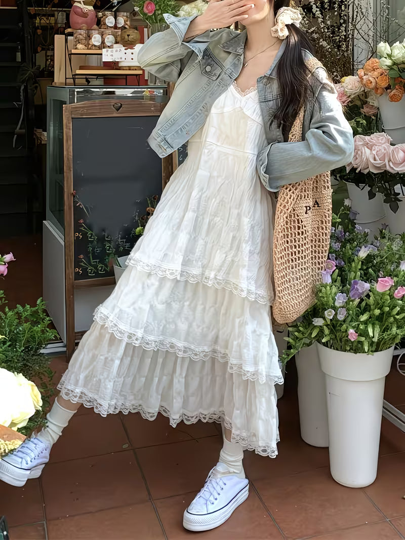 Solid Color Suspender Dress Women'S Summer Sweet Lace Cake Skirt Seaside Vacation Beach Skirt Temperament Long Skirt