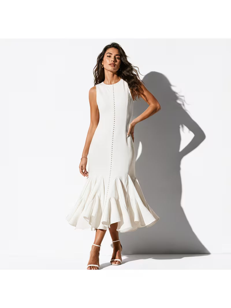 Women Sleeveless Round Neck Long Dress, Ruffle Mermaid Hem Slim Fit Dress