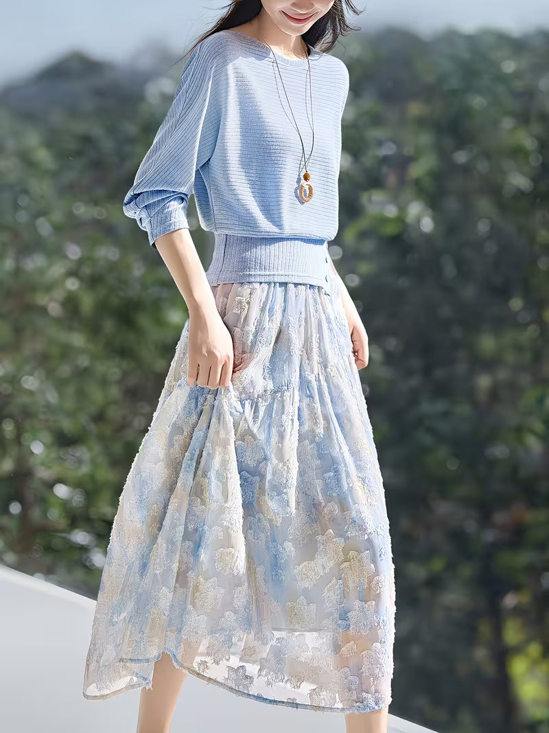 Women's New Style Skirt Set - Elegant and Sophisticated BATWING SLEEVE Loose Fit Slightly Waist-Defined Skirt with Necklace Hem Hazy Print Dress Set