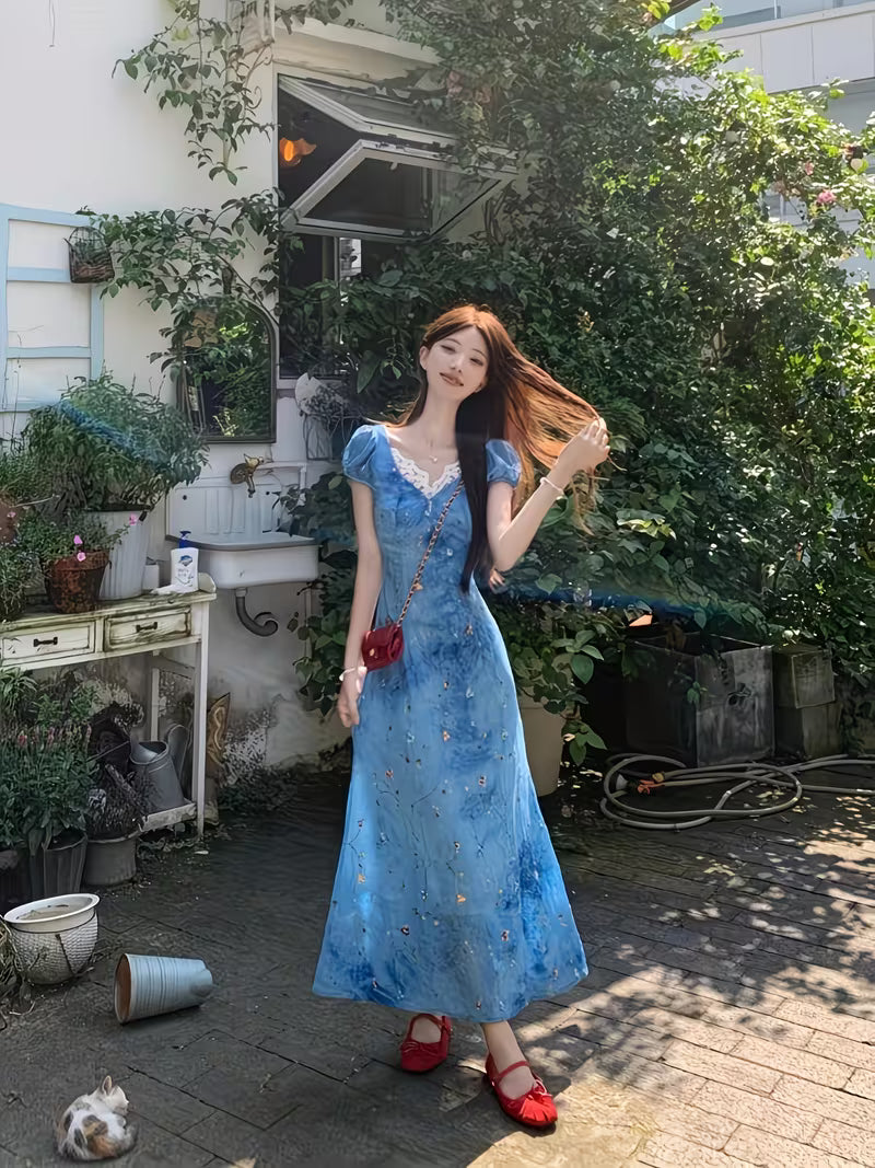 French Floral Temperament Dress for Women'S Summer Travel Outfit, Unique And Beautiful Women'S Vacation Long Dress