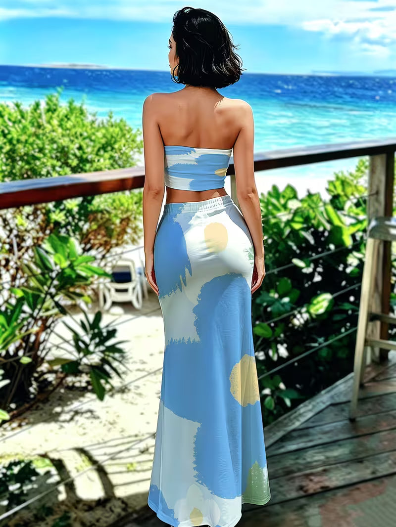 Vintage Animal Print Bandeau Maxi Dress Matching Set