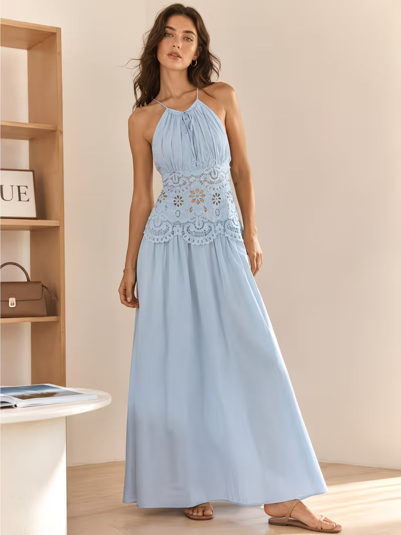 Women Halter Neck Embroidery Tie-Waist Long Dress, Vacation Essential