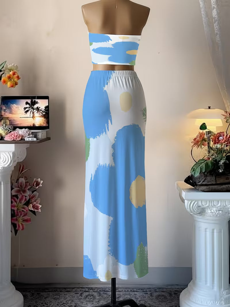 Vintage Animal Print Bandeau Maxi Dress Matching Set
