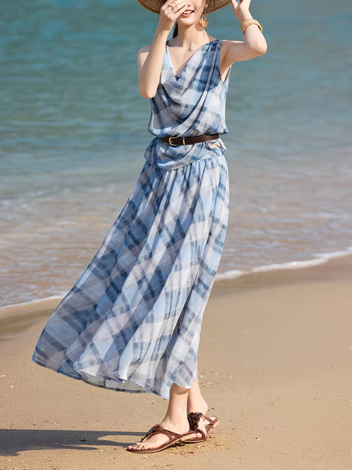 2Pcss Top And Skirt Women'S Spring Summer New 2Pcss Set Temperament Elegant Spring Summer Women'S Clothing New Off-Shoulder Flared Skirt Breathable Retro Plaid Drape Commute Set