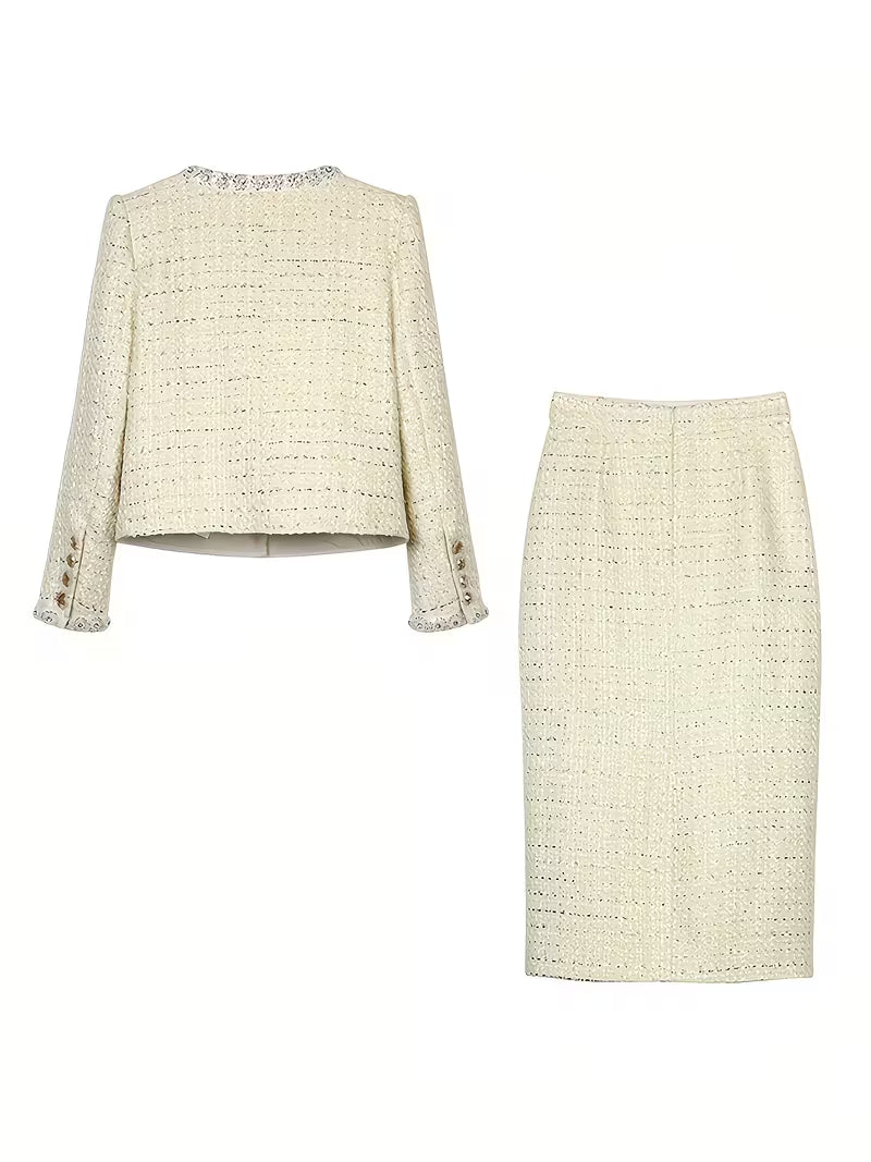 Fashionable Socialite with Light Luxury Temperament, Sparkling Diamond Studded Coarse Tweed Sequins, Small Fragrant Style Jacket And Hip-Hugging Skirt Set