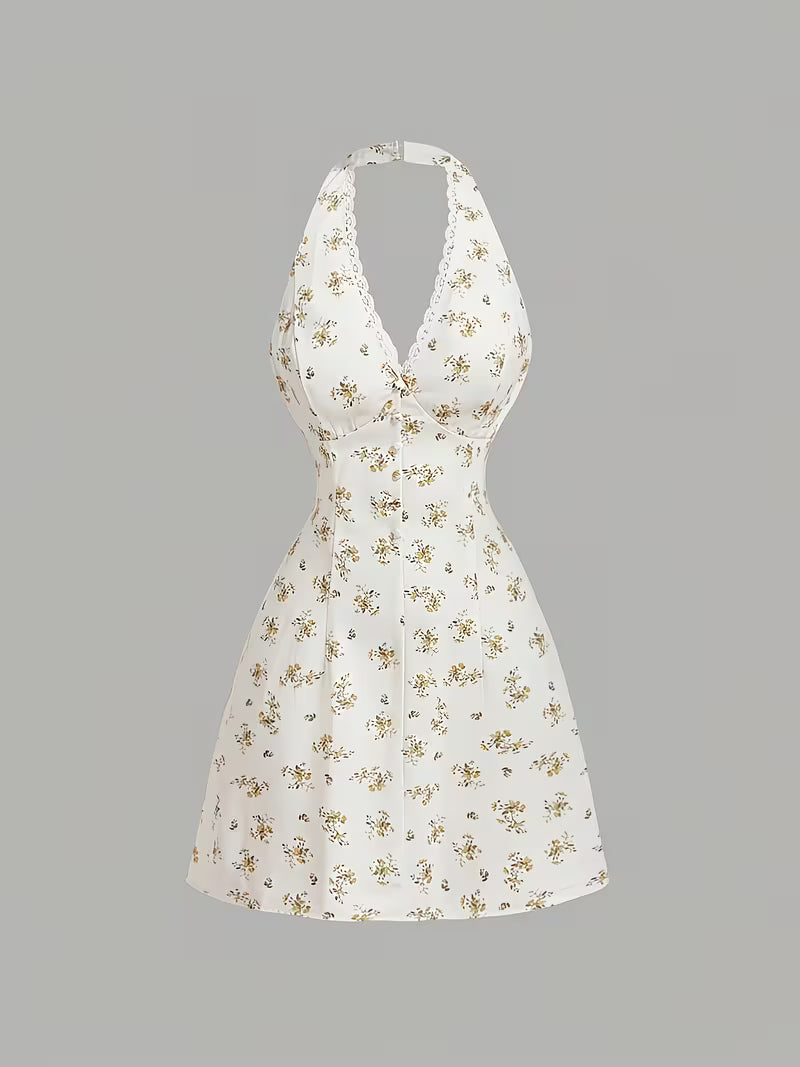 Button Embellished V-Neck Lace Patchwork Mini Floral Dress, French Gentle Style V-Neck Halter Off-Shoulder Design Floral Waist-Cinching Short Skirt