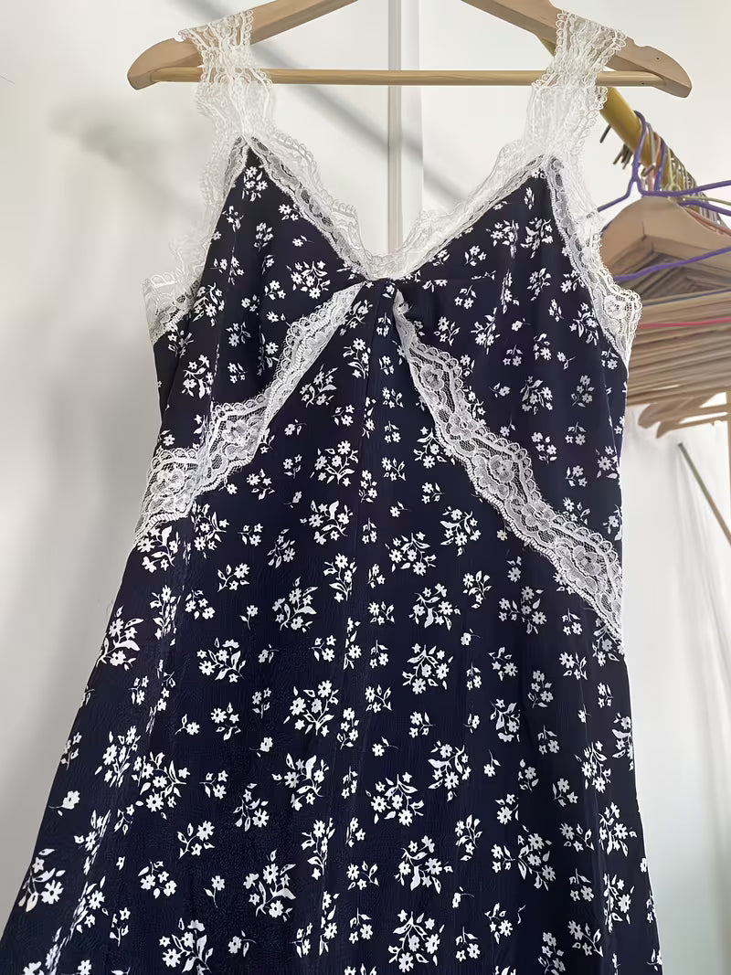 Lace Patchwork Floral Cami Dress Women'S Summer Beach Vacation Elegant Long Dress