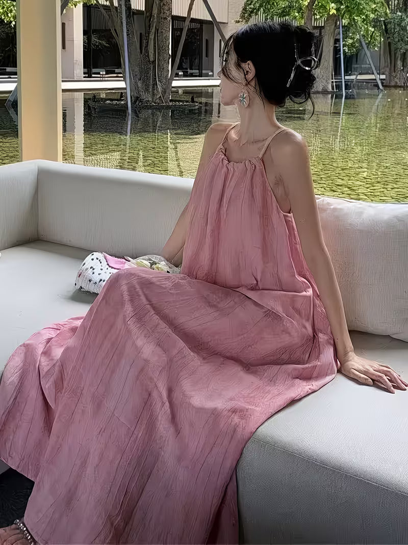 Women's Ombre Sleeveless Camisole Maxi Dress - Loose Beach Dress with Spaghetti Strap, Solid Pink Suitable for Summer Vacations, Seaside Weddings & Poolside Outfits, Machine Washable Long Dress