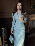 Women's Floral Blazer and Long Skirt Suit Set Elegant Long Sleeve 2pcs Outfit for Spring Workwear and Occasion Wear