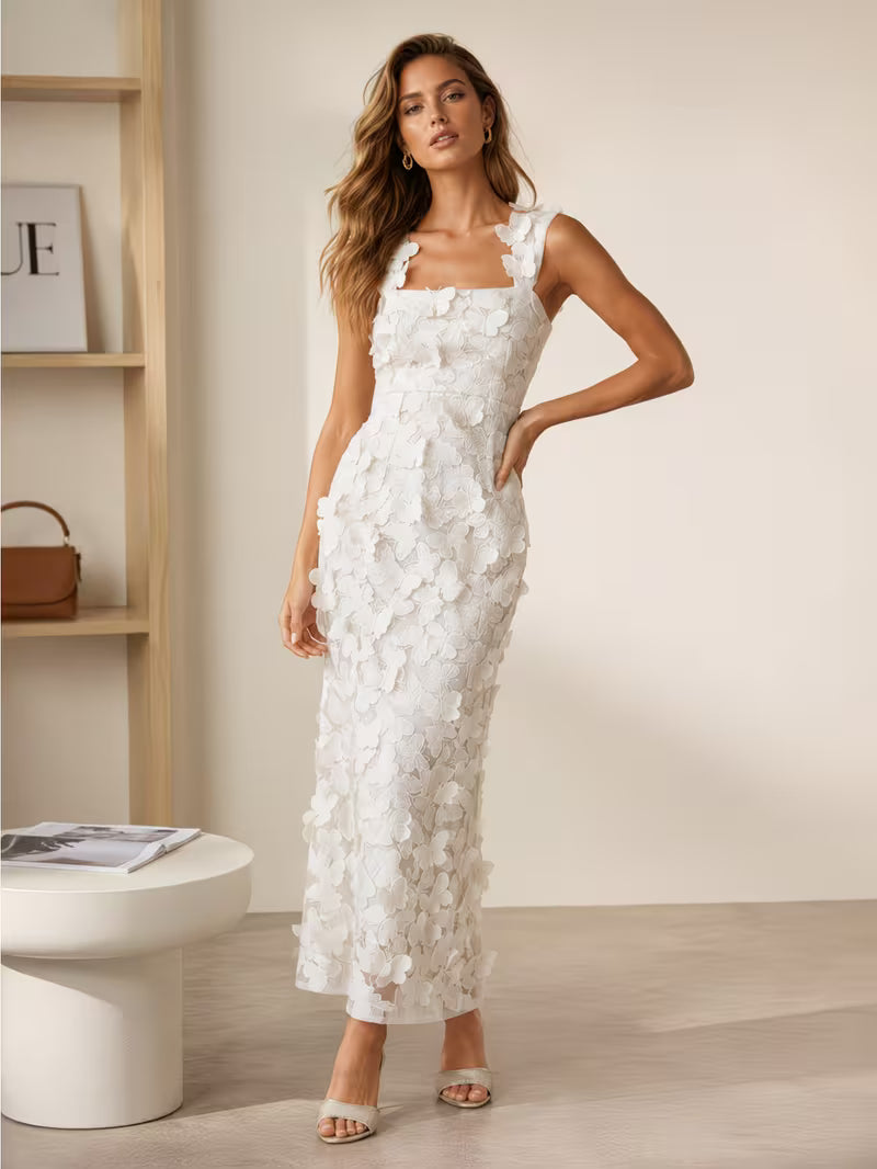 Women's Sleeveless High Waist Butterfly Embroidered Long Cami Dress, Slimming Waistline