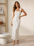 Women's Sleeveless High Waist Butterfly Embroidered Long Cami Dress, Slimming Waistline