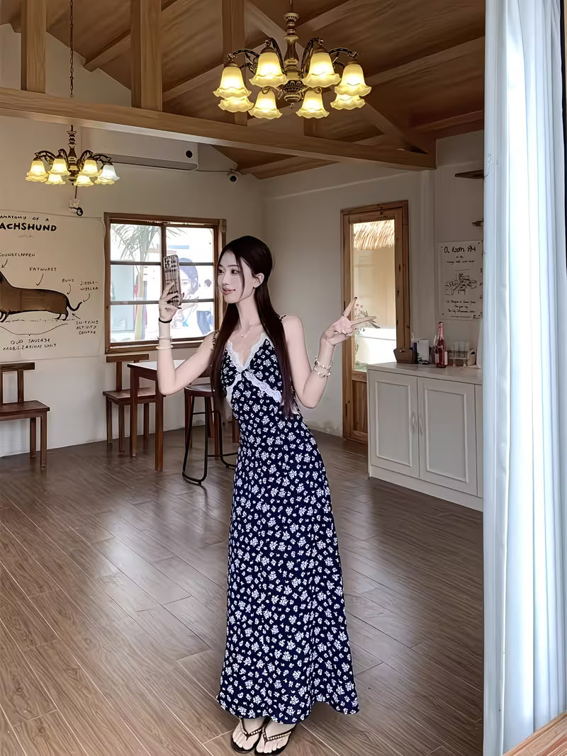 Lace Patchwork Floral Cami Dress Women'S Summer Beach Vacation Elegant Long Dress
